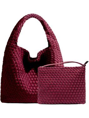 Women's Red Neoprene Top-handle Shoulder Bag Hobo Tote Wrist For Work Zipper